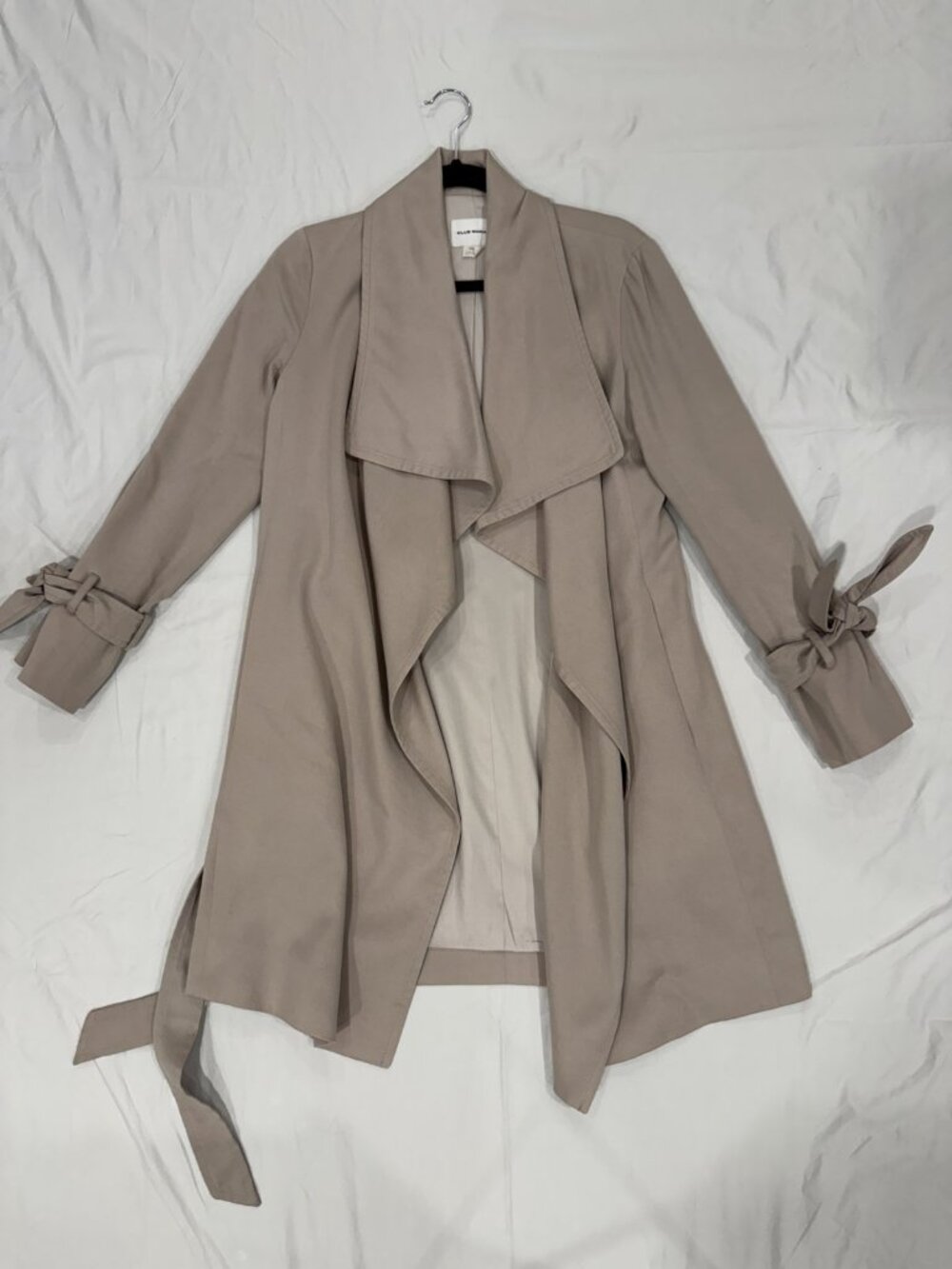 Club Monaco Lyocell Drape Front Trench Coat Beige Taupe Sz XS/P Tie Cuffs Belted